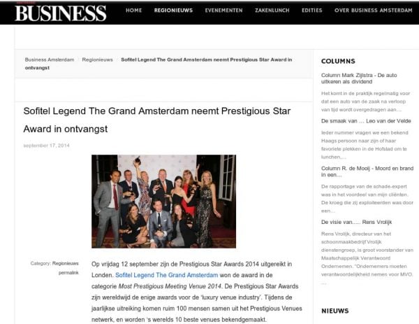 Amsterdam Business, Prestigious Star Awards 2014, Press Coverage