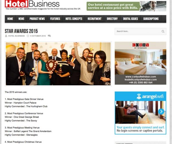 Hotel Business, Prestigious Star Awards 2015, Press Coverage