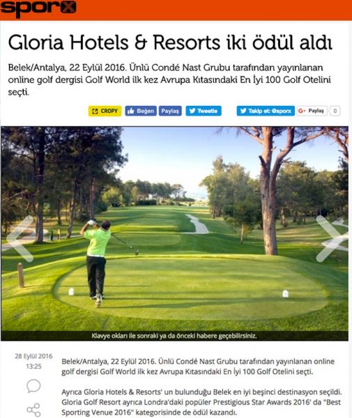 Sporx, Gloria Hotels Resorts iki ödül aldı, Prestigious Star Awards 2016, Press Coverage