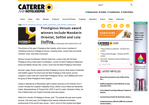 The Caterer & Hotelkeeper, Prestigious Star Awards 2013, Press Coverage