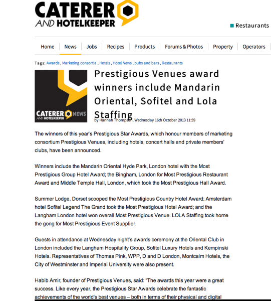 The Caterer, Prestigious Star Awards 2013, Press Coverage