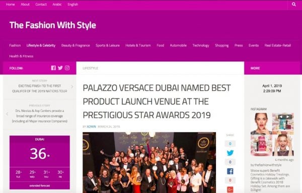 Palazzo Versace Dubai, The Fashion With Style, Prestigious Star Awards 2019, Press Coverage