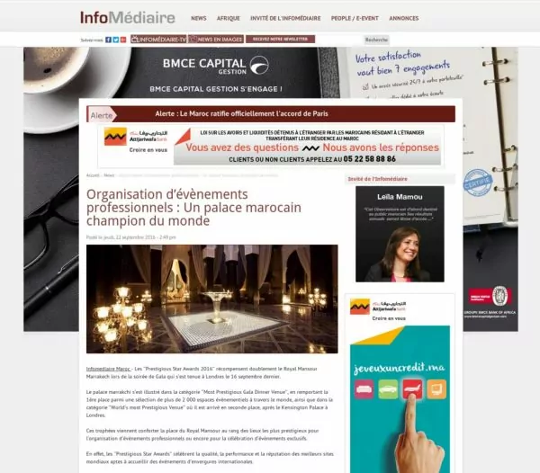 Info Mediaire, Organisation d’évènements professionnels   Un palace marocain champion du monde, Press Coverage Prestigious Star Awards 2016